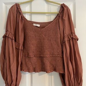 Mustard Seed Rust Smocked Blouse with Ruffle Sleeves